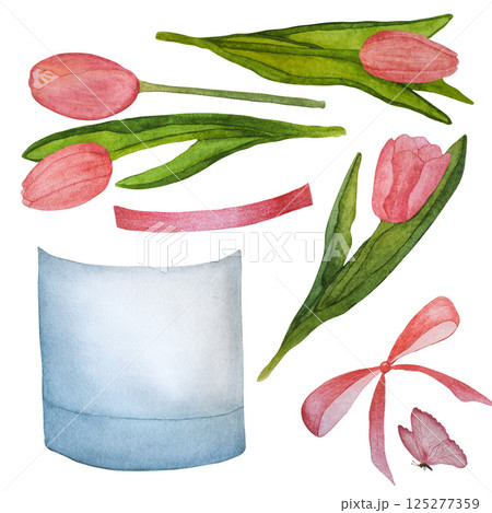 A set of watercolor illustrations consisting of pink blooming tulips, bow, ribbon and gift box on a white background. A set of watercolor illustrations consisting of pink blooming tulips, bow, ribbon and gift box on a white background. 125277359