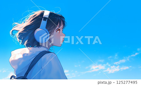 ヘッドホンで音楽を聴く女の子 125277495