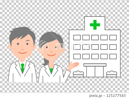 Male and female medical staff giving a tour of the hospital facilities 125277583