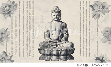 黒インクで描いた仏像の線画と文字 125277626
