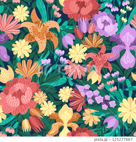 Decorative seamless pattern with spring garden flowers. Vector bunch with bright blossoms and leafy lush greens. Whimsical wildflower scene with textured petals. For spring-themed textile prints 125277667
