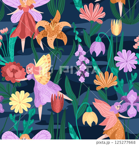 Cute pixie girl flying in starlit flower garden. Seamless pattern illustration of fairies with magical flowers. Ideal for whimsical packaging, and story books. 125277668