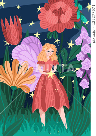 Blonde fairy with lilac wings in moonlit flower field. Fantasy character among large colorful blooms. Fairytale vector with dreamy nighttime setting. Great for magical garden themes and nature decor 125277671