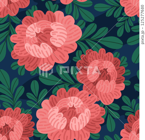 Vector botanical pattern with red peonies. Flat design flower composition with leaves. Elegant floral clipart for print or digital use. Seamless Illustration for wedding cards, and floral branding 125277680