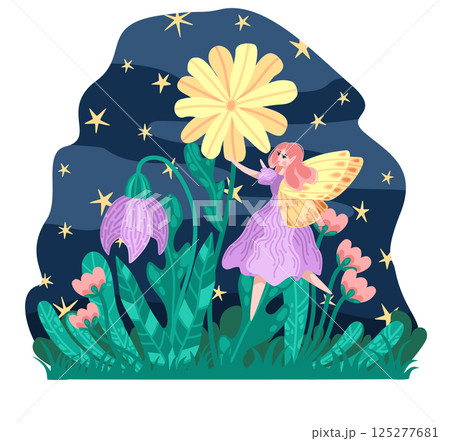 Cute elf girl flying in starlit flower garden. Flat illustration of fairy with magical plants. Night fantasy scene for storybook or greeting card. Ideal for whimsical packaging, and story books 125277681