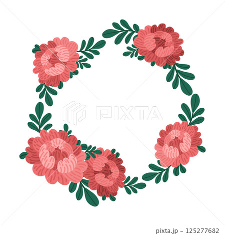 Vector botanical wreath with red peonies. Flat design flower composition with leaves. Elegant floral clipart for print or digital use. Illustration for wedding designs, cards, and floral branding 125277682