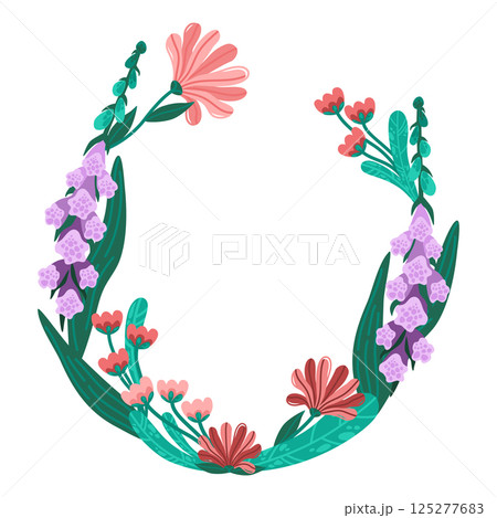 Rustic floral arrangement in vector style. Foxgloves, daisy, and wildflowers in bright spring colors. Decorative flower wreath for cards, decorations or packaging. Ideal for wedding and floral design 125277683
