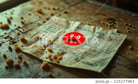 Document with distress symbol lies on dusty table covered in crumbs in an abandoned location 125277963