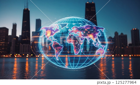 Digital globe overlaying city skyline at dusk with vibrant colors reflecting on water 125277964