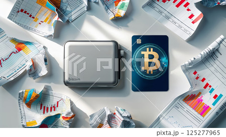 Exploring cryptocurrency with a Bitcoin wallet and market analysis in a modern workspace setting 125277965