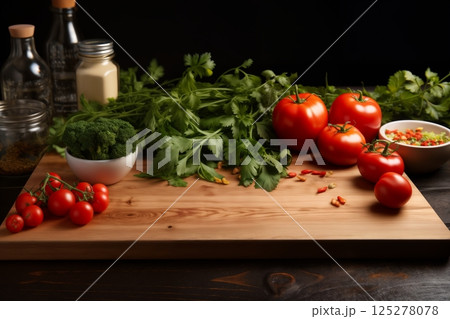 tomatoes and greens and bottles with oil on a table, beautiful still life 125278078