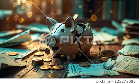 Broken piggy bank surrounded by scattered coins and financial documents in a cozy setting 125278085