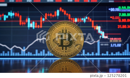 Bitcoin coin displayed in front of a cryptocurrency trading chart showing price fluctuations and market trends Bitcoin coin displayed in front of a cryptocurrency trading chart showing price fluctuations and market trends 125278201