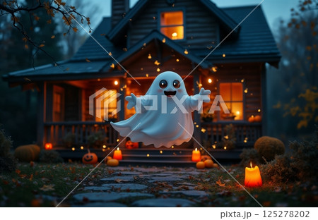 a ghost flies at the porch of the house on Halloween night, pumpkin decorations and candles, moonlight, a rustic house in the forest, autumn nature a ghost flies at the porch of the house on Halloween night, pumpkin decorations and candles, moonlight, a rustic house in the forest, autumn nature 125278202