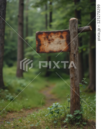 an empty sign board on the background of a forest, made of wood, old and weathered plaque 125278299