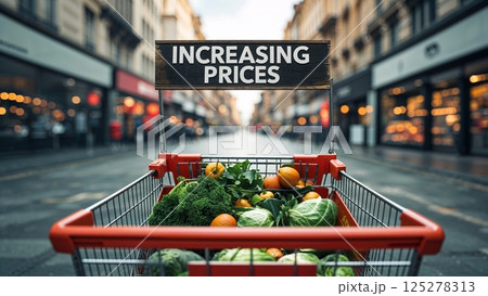 Grocery cart filled with fresh produce parked on a city street highlighting rising food prices during a quiet shopping day 125278313