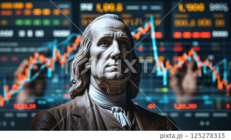 Financial growth represented through a statue against a digital stock market backdrop in a modern setting 125278315