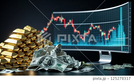 Financial market analysis with gold bars and cash stacked against a stock chart background 125278317