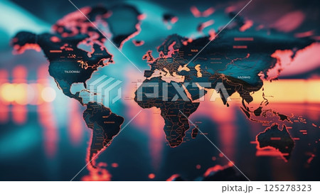 Map showcasing global connections with vibrant neon accents in a modern setting Map showcasing global connections with vibrant neon accents in a modern setting 125278323