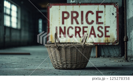 Empty wicker basket on the floor near a sign indicating price increase in an abandoned industrial space 125278358