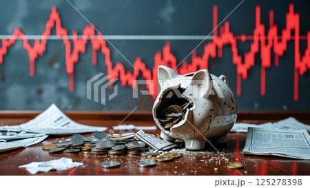 Financial setback shown by a broken piggy bank surrounded by scattered coins and stock market charts 125278398