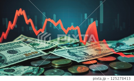 Financial analysis with currency and stock market data displayed on a digital screen for investment insights 125278413