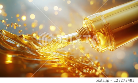 Luxurious golden liquid pouring from bottle creating abstract splash in sunlit setting. Stream of fuel pouring 125278493
