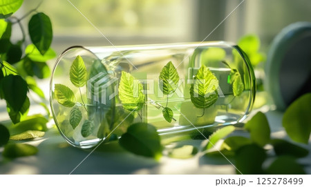 Lush green leaves in glass container symbolizing eco-friendly living and nature conservation. Stream of fuel pouring 125278499