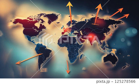 Global map highlighting trade routes and connections across continents at twilight 125278566