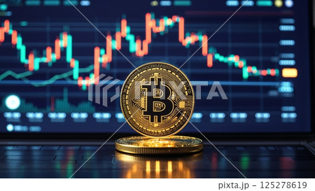 Cryptocurrency trading display with Bitcoin and price charts in a digital environment Cryptocurrency trading display with Bitcoin and price charts in a digital environment 125278619