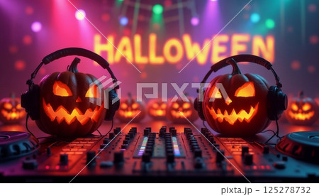 Pumpkins like a DJ with headphones are making a party and playing on the DJ console, a stage lights and night club environment 125278732