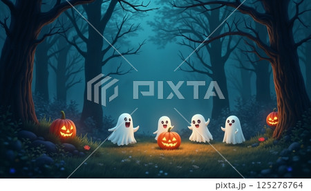 A group of cute ghosts in the forest at night celebrating Halloween, moonlight, autumn nature 125278764