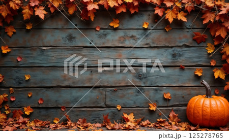 Halloween decorations with pumpkins on the background of a wooden wall, autumn season 125278765