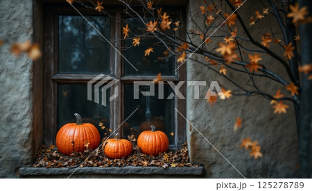 Halloween pumpkin decorations, on the background of an old wooden window in a rural house, autumn nature Halloween pumpkin decorations, on the background of an old wooden window in a rural house, autumn nature 125278789