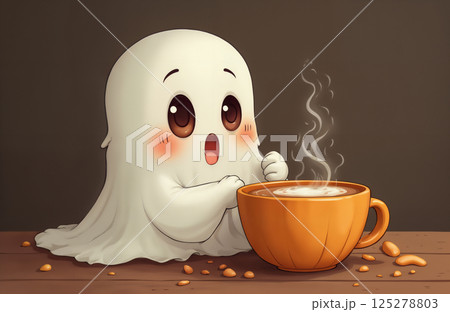 cute ghost enjoys a cup of latte, Halloween theme, autumn decorations 125278803