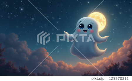 Cute ghost flying over night forest, darkness and moonlight, Halloween theme Cute ghost flying over night forest, darkness and moonlight, Halloween theme 125278811