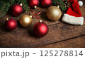 Christmas decorations and gifts as frame, top view with blank space, background for new year celebrations, winter fairy tale 125278814