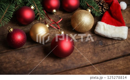 Christmas decorations and gifts as frame, top view with blank space, background for new year celebrations, winter fairy tale Christmas decorations and gifts as frame, top view with blank space, background for new year celebrations, winter fairy tale 125278814