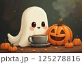 cute ghost enjoys a cup of latte, Halloween theme, autumn decorations 125278816