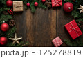 Christmas decorations and gifts as frame, top view with blank space, background for new year celebrations, winter fairy tale 125278819