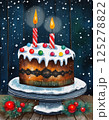 Christmas cake with decorations for New Year's holidays, wooden background, winter fairy tale 125278822
