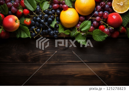 still life with bunches of grapes, berries and fresh and juicy fruits against a dark old wooden background, rural vintage style, the concept of fresh and healthy food still life with bunches of grapes, berries and fresh and juicy fruits against a dark old wooden background, rural vintage style, the concept of fresh and healthy food 125278823