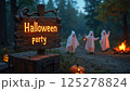 A banner for Halloween party in a dark forest near a glade where ghosts celebrate and have fun around a fire, an inscription on a wooden board in vintage style, moonlight and a fabulous atmosphere 125278824