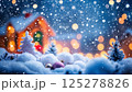 winter village with Christmas decorations, background for New year celebrations, winter fairy tale 125278826