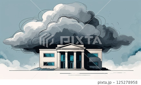 Dark clouds loom over a modern building, hinting at an approaching storm and ominous atmosphere 125278958