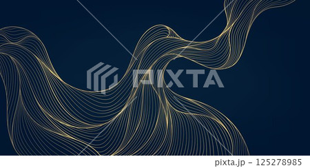 Vector abstract golden wave on dark backgrounds. Thin line modern premium shape, premium curve glitter graphic template, flow vintage art deco pattern. 125278985