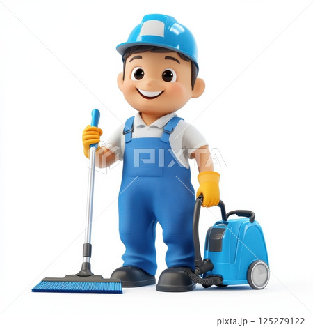 A man in a blue uniform is holding a broom and a vacuum cleaner 125279122