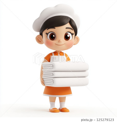 A cartoon girl is holding a stack of white towels 125279123