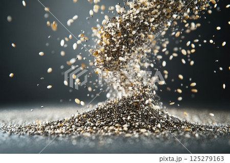 A pile of grains is scattered on a surface, creating a sense of chaos A pile of grains is scattered on a surface, creating a sense of chaos 125279163