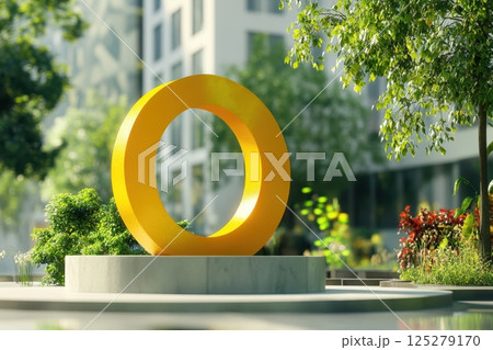A large yellow circle is placed in a park next to a building 125279170